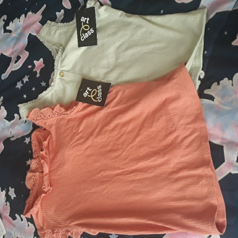 Two art class Girl Sleveless Classic Tops, Color Orange / Light Mint Size M 7/8